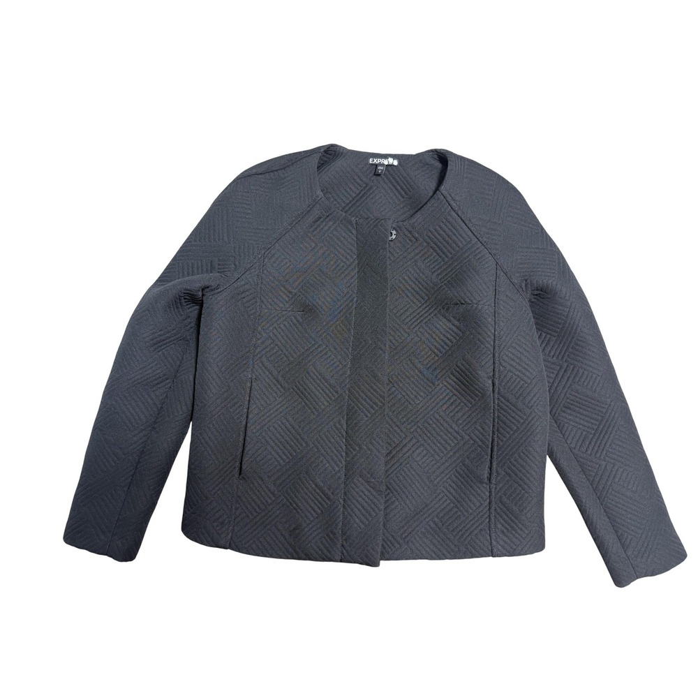 Express Jacket Womens Large Black Quilted Geometric Open Front Collarless Raglan